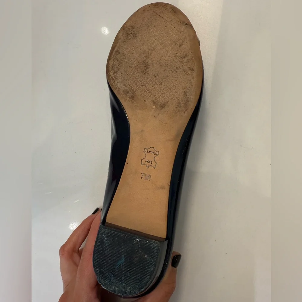 Tory Burch Gabrielle Patent Leather Logo Flats, Navy &‎ Beige, 7M